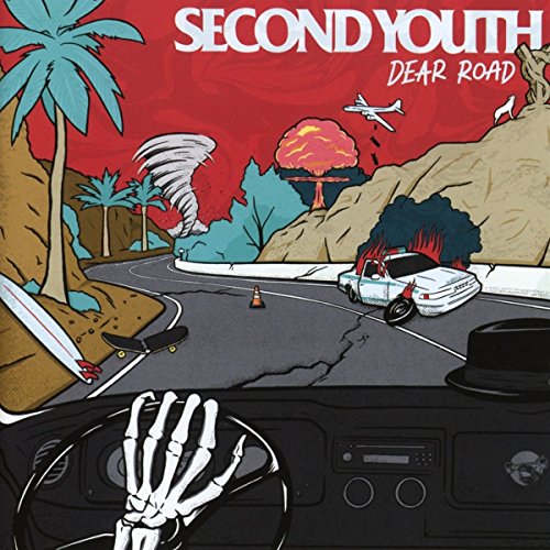 "Album cover art: cartoon illustration of a car crash with a skeleton driving."