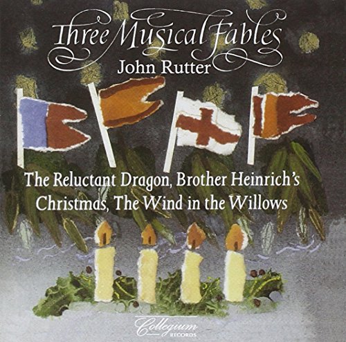 "CD cover with flags, candles, and leaves, titled 'Three Musical Fables' by John Rutter."