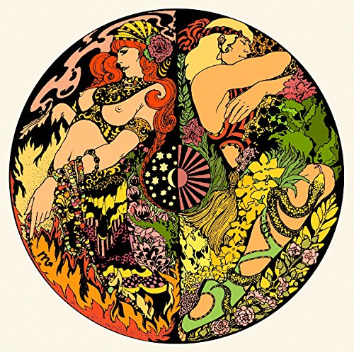 "Album cover with circular artwork featuring two nude figures surrounded by flowers."