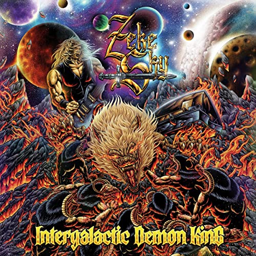 Album cover: Muscular figure with guitar amidst a fiery, planetary landscape.