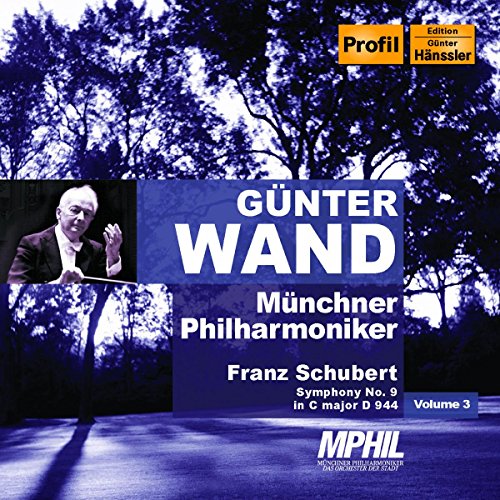 "CD cover with conductor Günter Wand and forest background, featuring Schubert's Symphony No. 9."