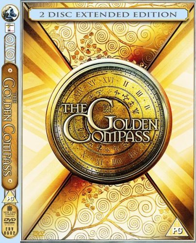The Golden Compass 2-disc extended edition DVD cover featuring a central golden alethiometer.