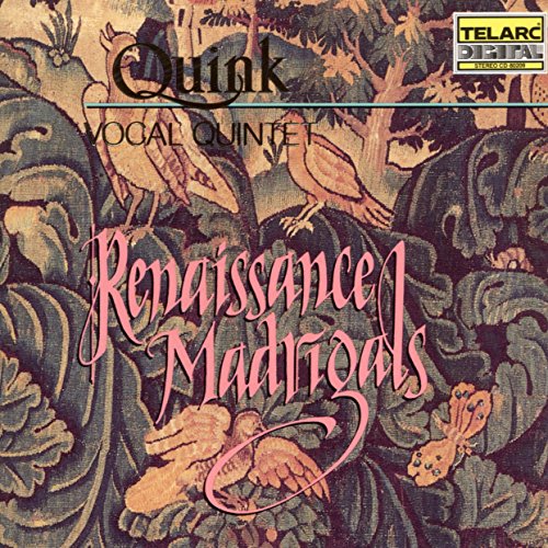 "CD cover with floral pattern, birds, and 'Quink Vocal Quintet Renaissance Madrigals' text."