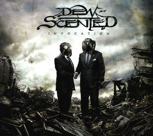 "Album cover featuring two suited men in gas masks amidst a post-apocalyptic landscape."