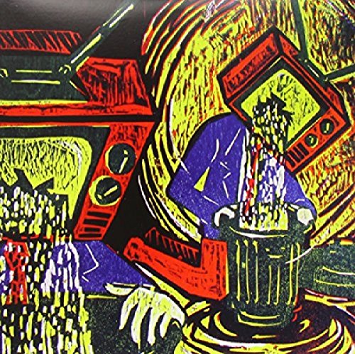 "Vinyl album cover with abstract illustration of a man and television."