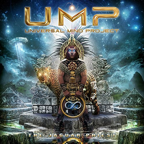 CD cover featuring a priest with a jaguar, pyramids, and cosmic imagery.