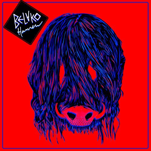Red album cover with a blue and red illustrated pig's head.