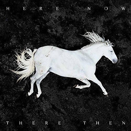 White horse running across a textured, dark gray and black background.