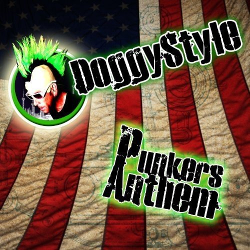 "Album cover with punk-themed artwork, featuring a man with green mohawk and sunglasses."
