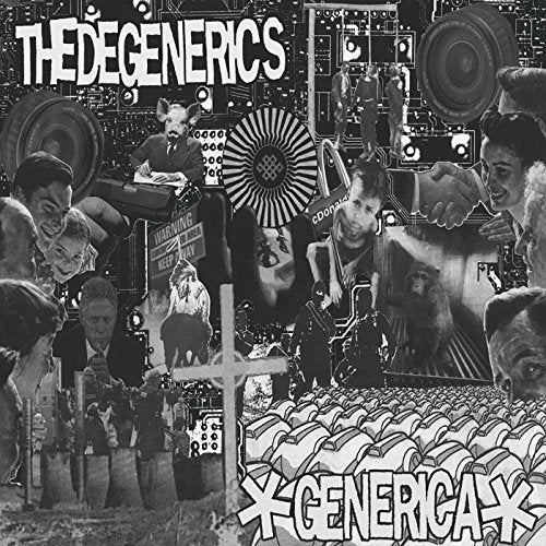Black and white collage album cover with chaotic images and bold white text.