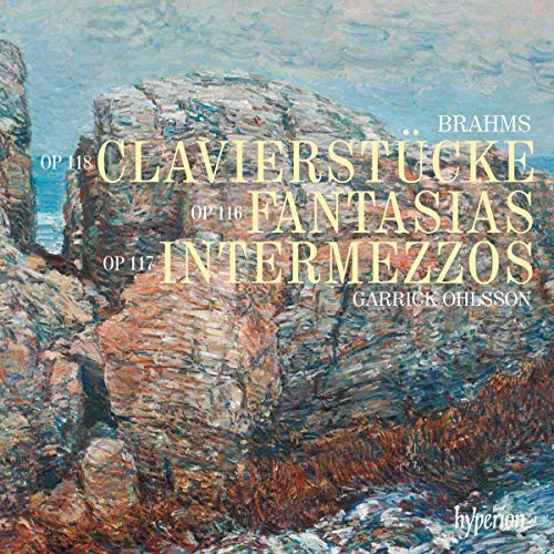 "Album cover with rocky landscape painting and yellow text overlay listing musical compositions."