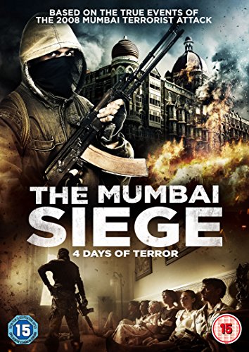 DVD cover for "The Mumbai Siege: 4 Days of Terror" showing armed men and a burning building.