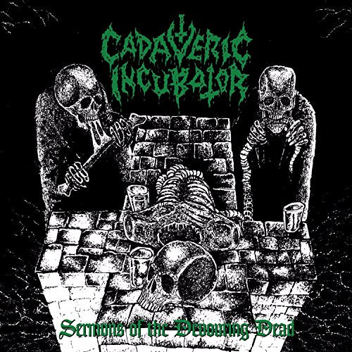 Black and white album cover with skeletal figures around a brick table.