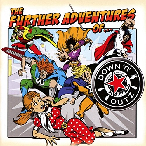 "Album cover with cartoon characters fighting, 'Down 'n' Outz' logo and 'Further Adventures' title."