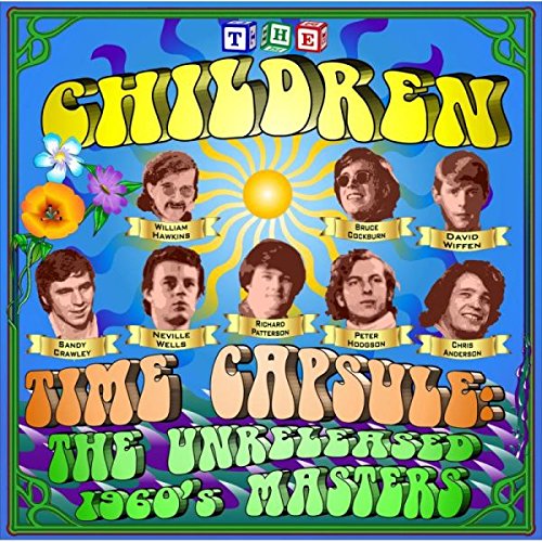 "Album cover with 'The Children' title and seven men's portraits, psychedelic background."