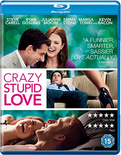 Crazy Stupid Love" Blu-ray cover with cast photos and film reviews.