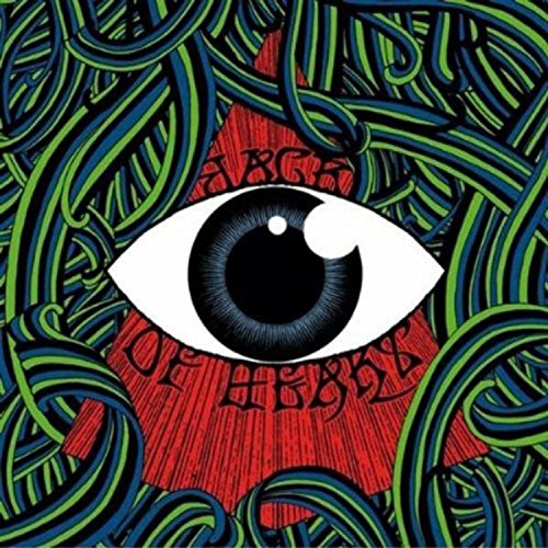 An illustration of an eye surrounded by swirling blue and green patterns on a red background.