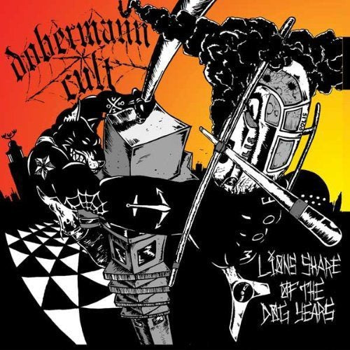 "Album cover with knight illustration, red and yellow background, and 'Dobermann Cult' text."