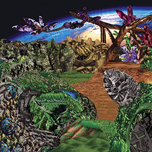 Surreal landscape collage with crystals, rocks, and mechanical elements.