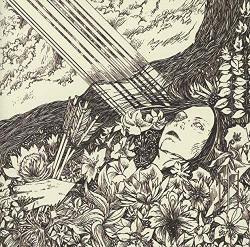 Black and white illustration of a woman among flowers, with a moonlit sky.