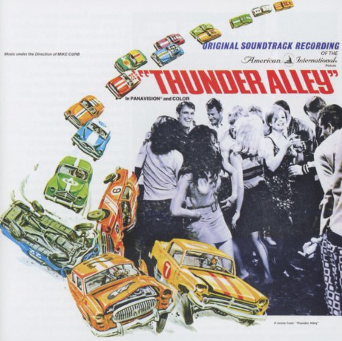 Thunder Alley" soundtrack CD cover with cartoon cars and a crowd scene.