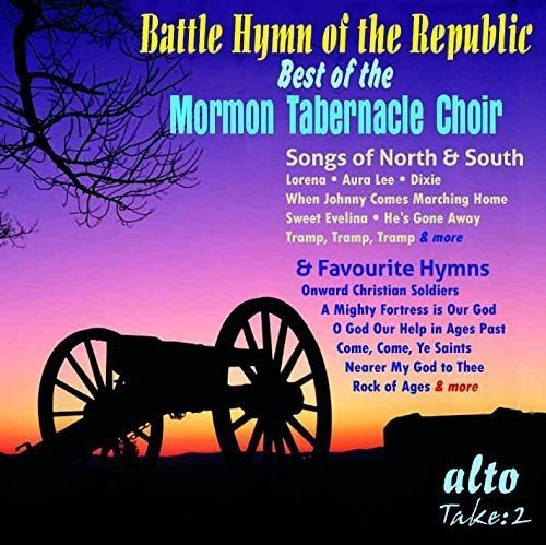 "CD cover featuring a cannon at sunset with song titles and 'Mormon Tabernacle Choir'."