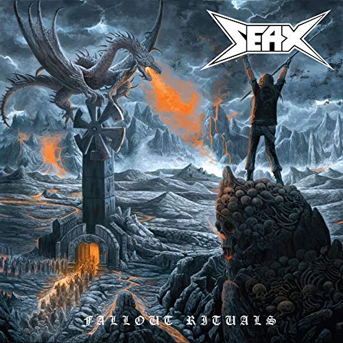 "Vinyl album cover with a man, dragon, and fiery landscape, titled 'Seax - Fallout Rituals'."