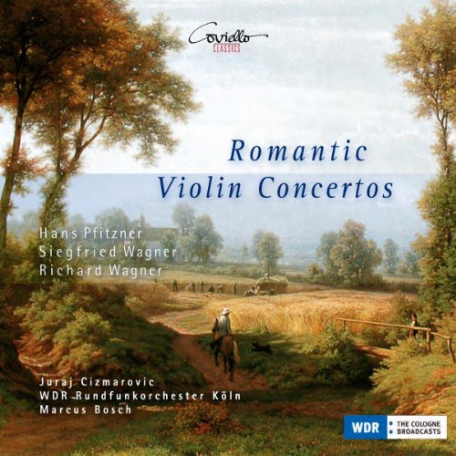"CD cover with a serene landscape painting and blue title 'Romantic Violin Concertos'."