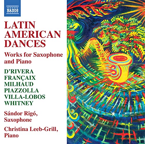 "Album cover with colorful saxophone illustration and text listing musical compositions and performers."