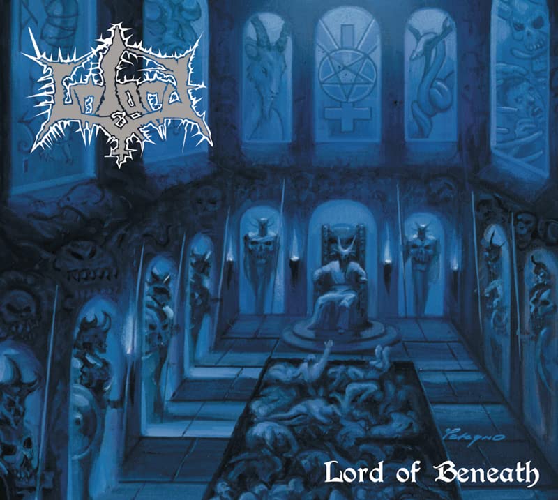 Dark fantasy album cover featuring a demonic figure in a stone chamber.