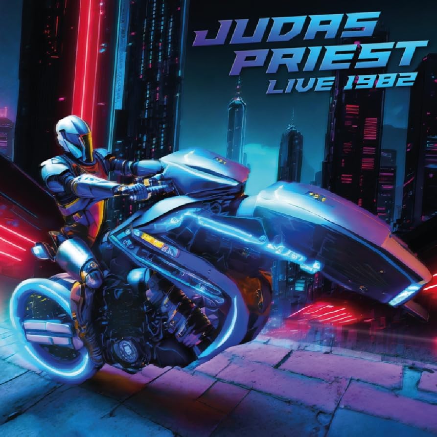 Judas Priest "Live 1982" CD cover: futuristic motorcycle rider in a city.