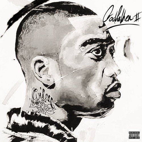"Black and white album cover with a man's face and 'Godfather II' text."