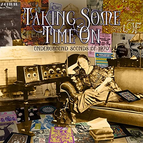 1970s music boxset cover with a woman relaxing near vintage audio equipment.