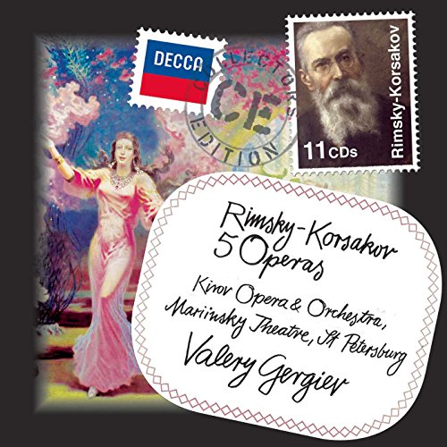 "CD cover with woman in pink dress and Rimsky-Korsakov postage stamp image."
