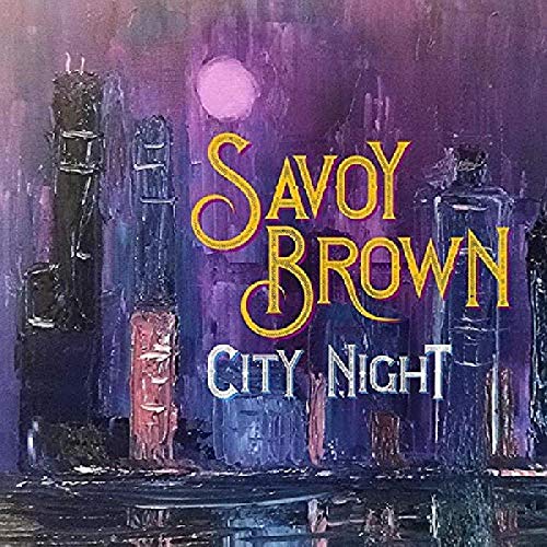 "Album cover with 'Savoy Brown City Night' text on a purple cityscape painting."