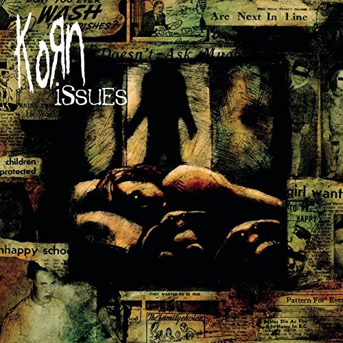 Korn Issues album cover featuring a dark, collage-style design with vintage newspaper clippings.