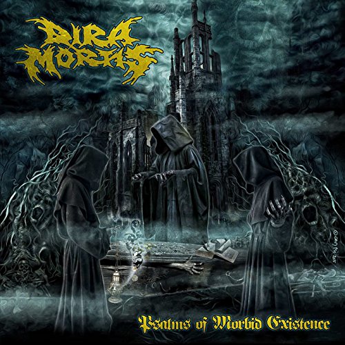 Dark album cover art with three hooded figures and a ruined church in the background.