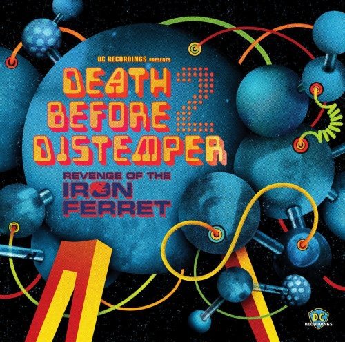"Album cover with 'Death Before Distemper' text, surrounded by blue spheres and colorful lines."