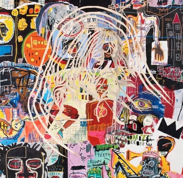 Colorful, chaotic painting of a face with scribbled white hair and red eyes.