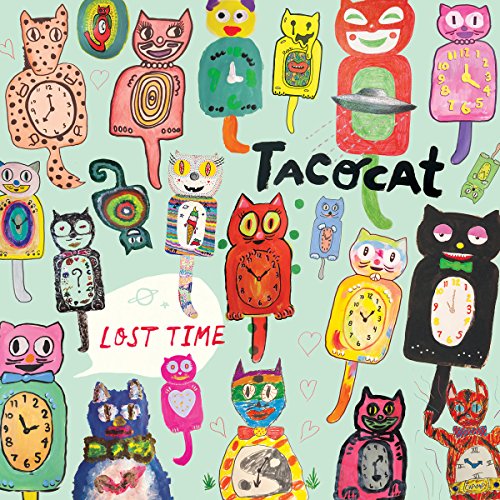 Colorful illustration of various whimsical cat-shaped clocks on a light green background.