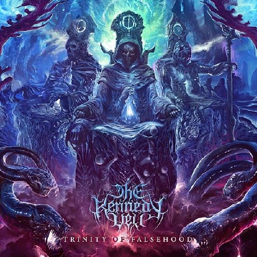 "Album cover art featuring three hooded figures surrounded by dark, twisted creatures."