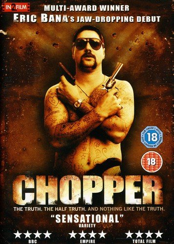 DVD cover for "Chopper" featuring a tattooed man holding two guns.