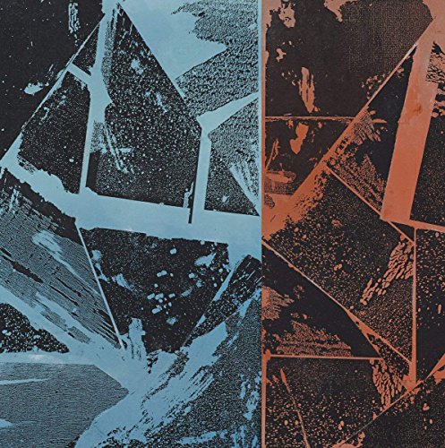 Abstract album art with textured geometric shapes in blue and orange tones.