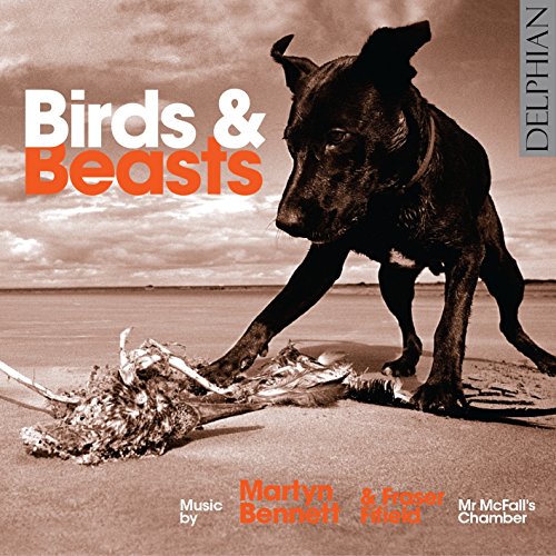 "CD cover featuring a black dog on a beach with a dead seagull."
