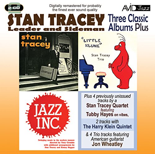 The image is a CD cover for "Stan Tracey: Leader and Sideman". * The cover features a man in a suit walking down steps with a briefcase. * Cartoon illustrations of a piano and a red creature are also present. * The background is a gradient of orange and white hues. * Text highlights the album's contents, including "Three Classic Albums Plus" and "Jazz Inc.". Alt text: "CD cover featuring man in suit, piano, and cartoon creature."