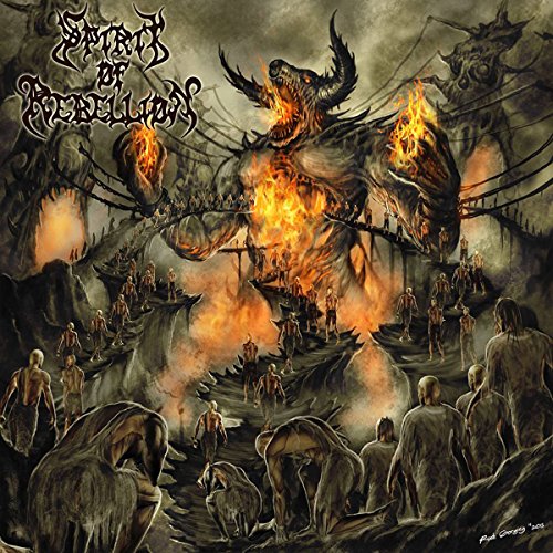 Dark fantasy album cover with a monstrous figure and enslaved people.