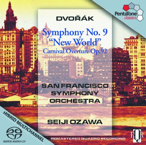CD cover for Dvorak's Symphony No. 9 with cityscape background and text overlay.
