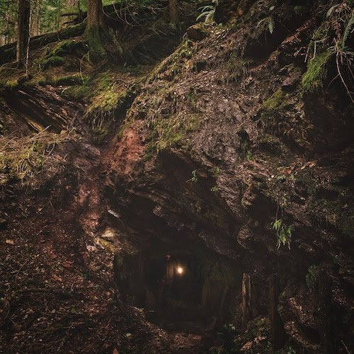 "Dark forest scene with a lit mine entrance surrounded by trees and foliage."