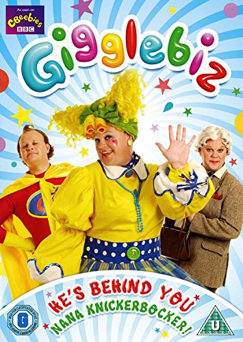 "DVD cover featuring three comedians in colorful costumes against a blue striped background."