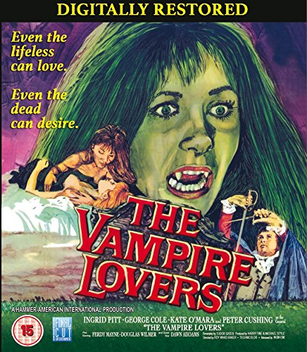 Blu-ray cover for "The Vampire Lovers" featuring a pale vampire and two women.